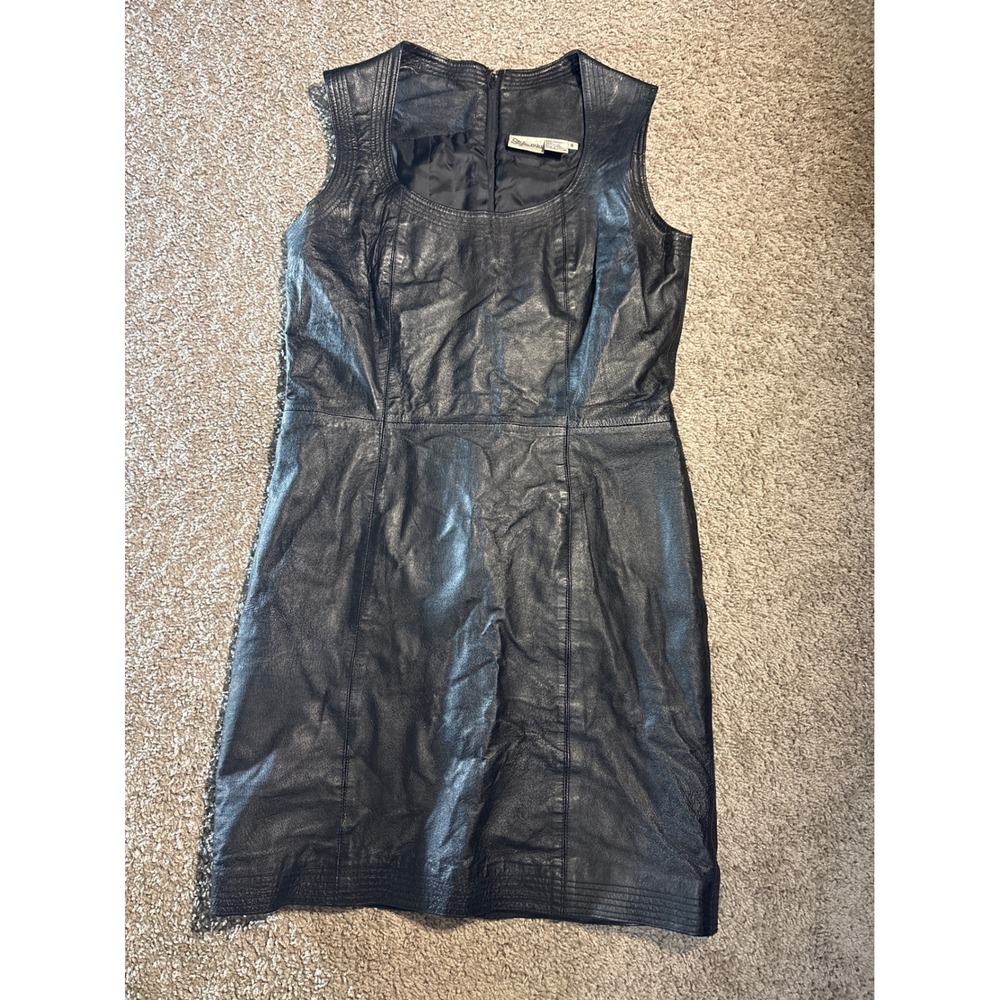 Styleworks Black 100% Leather Sleeveless Shift Dress G0585 Size 8